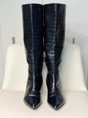 Geox Black Croc-Embossed Knee-High Pointed-Toe Boots